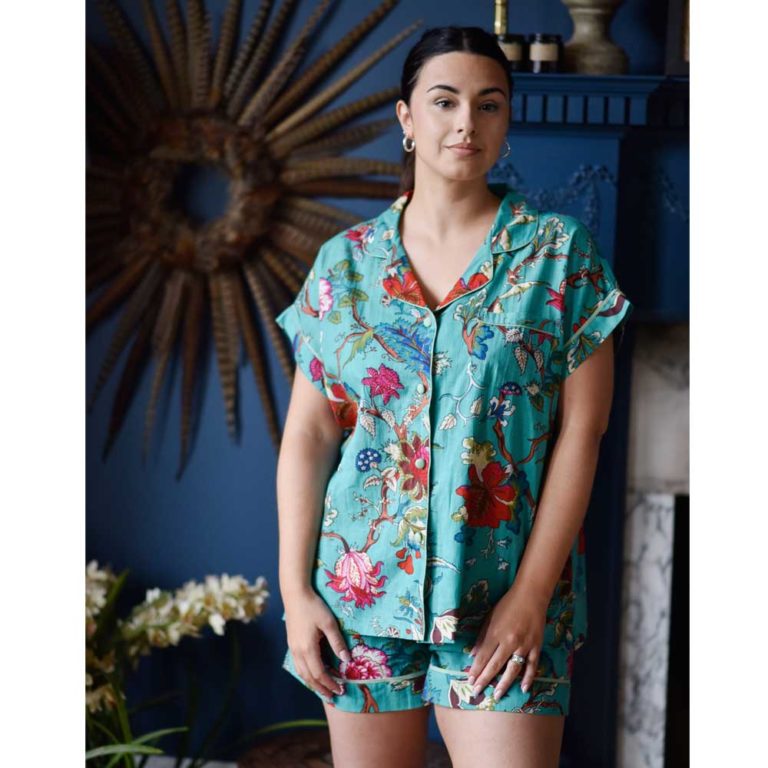 Ladies Teal Exotic Flower Print Cotton Short Pyjama Set