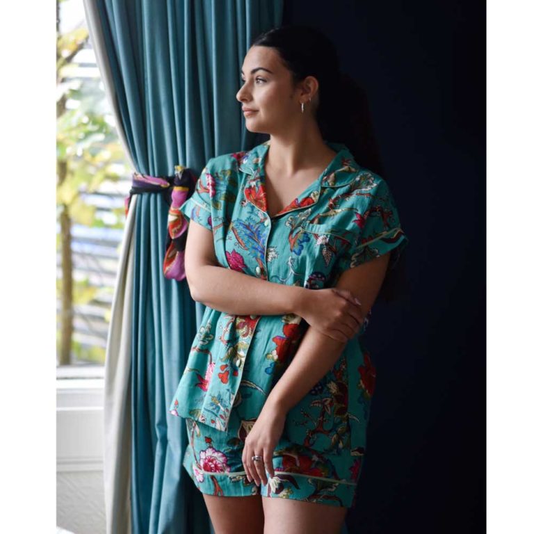 Ladies Teal Exotic Flower Print Cotton Short Pyjama Set