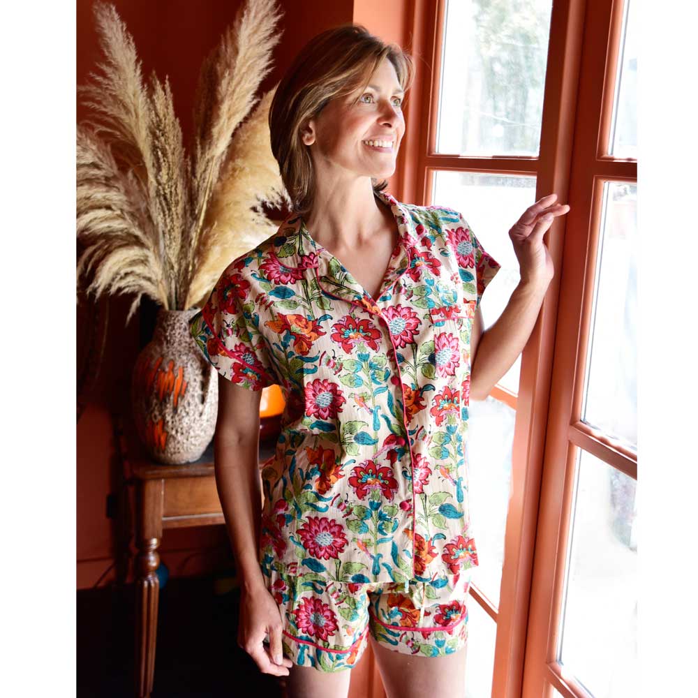 Ladies Floral Garden Print Cotton Short Pyjama Set