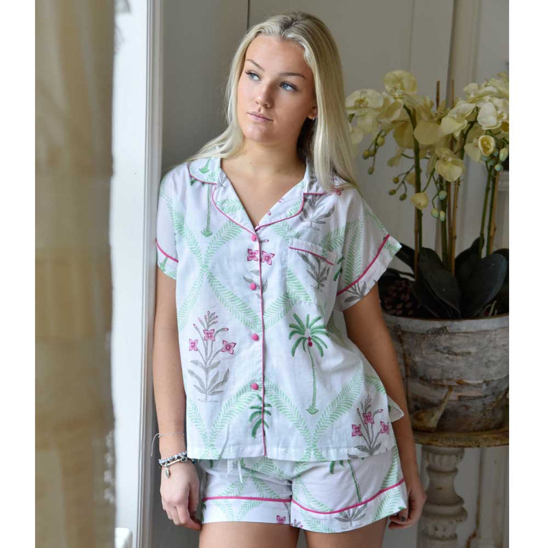 Ladies Floral Pink Palm Tree Print Cotton Short Pyjama Set