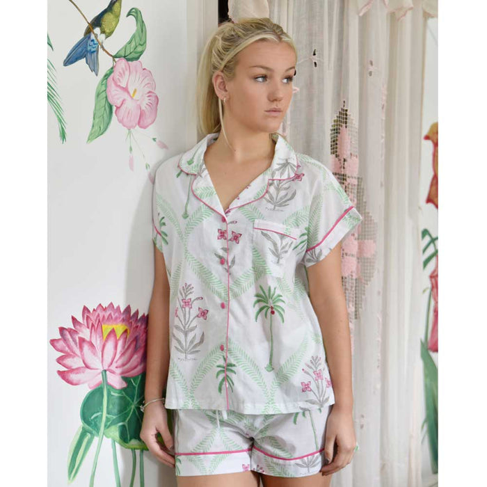 Ladies Floral Pink Palm Tree Print Cotton Short Pyjama Set