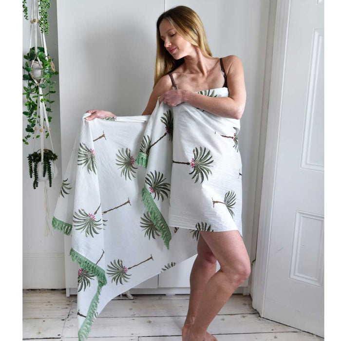 Block Printed Green Palm Tree Cotton Sarong