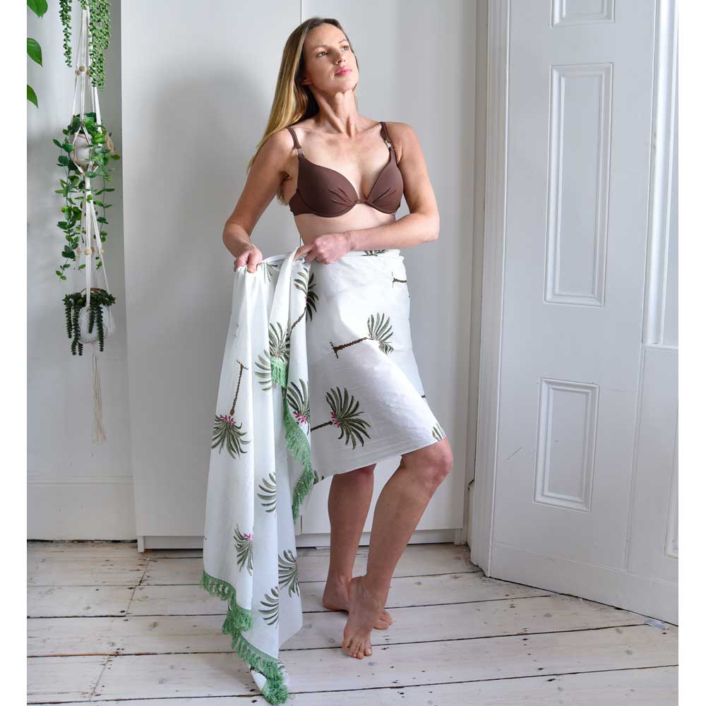 Block Printed Green Palm Tree Cotton Sarong