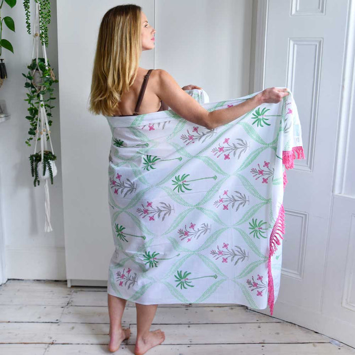 Pink Floral Palm Tree Print Sarong