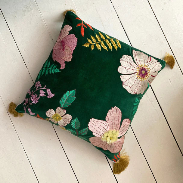Posy Teal Velvet Cushion