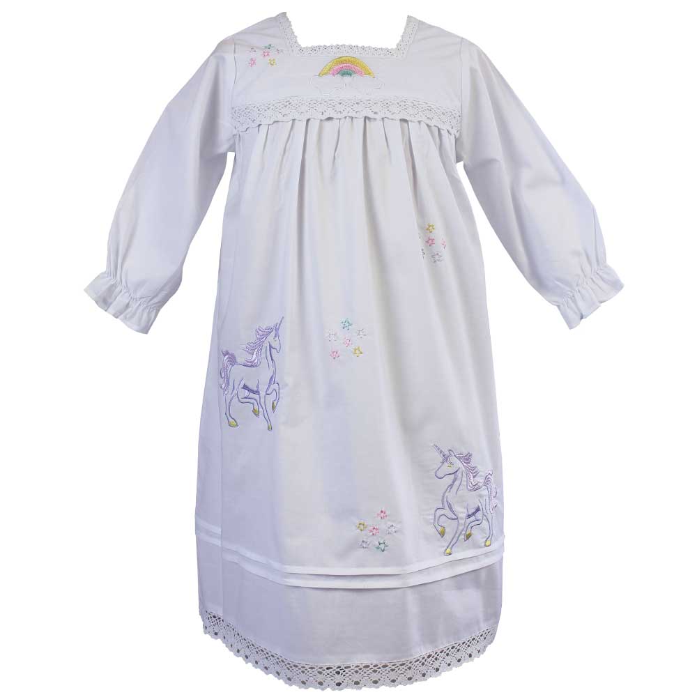 Girls White Cotton Unicorn Embroidered Nightdress 'Ophelia'