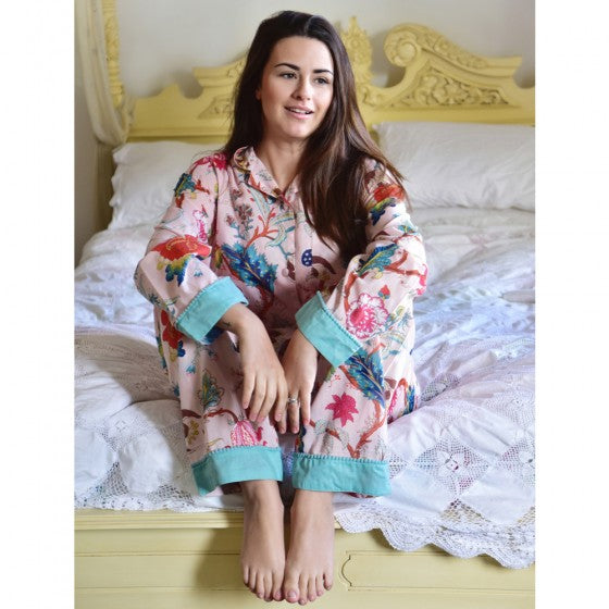 Ladies Pink Exotic Flower Print Cotton Pyjamas