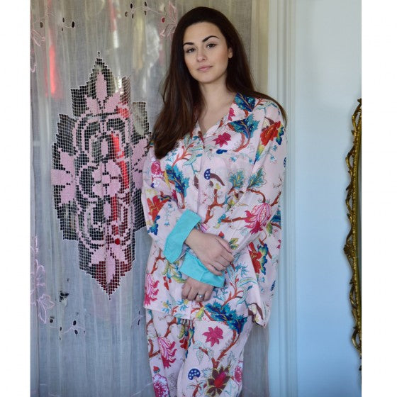 Ladies Pink Exotic Flower Print Cotton Pyjamas