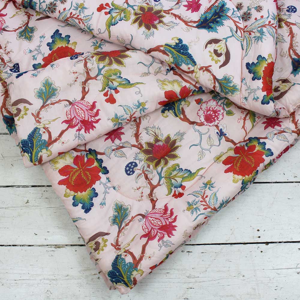 Pink Exotic Flower Print Cotton Indian Bed Quilt