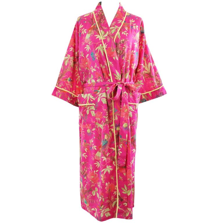 Ladies Hot Pink Birds of Paradise Print Cotton Dressing Gown