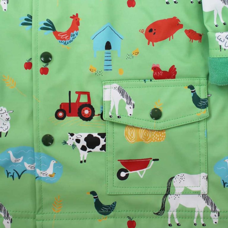 Children's Green Farmyard Hooded Raincoat
