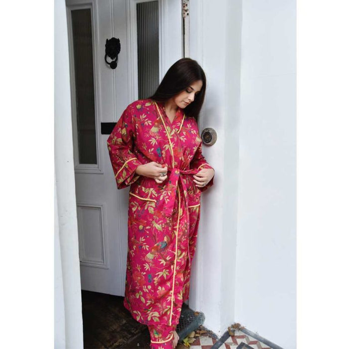 Ladies Hot Pink Birds of Paradise Print Cotton Dressing Gown