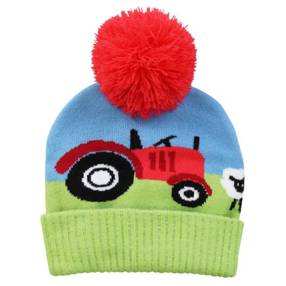 Knitted Tractor Hat with Pom Pom
