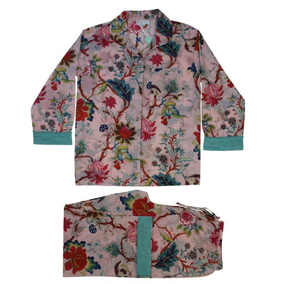 Ladies Pink Exotic Flower Print Cotton Pyjamas