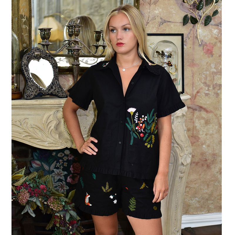 Midnight Black Embroidered Woodland Cotton Short Pyjama Set