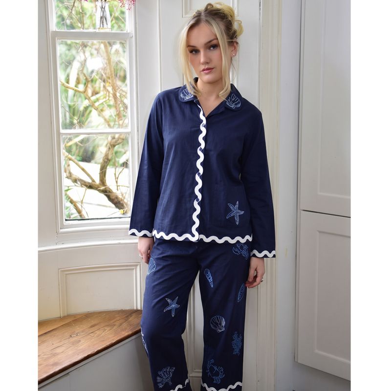 Navy Blue Embroidered Sea Shell Cotton Pyjamas