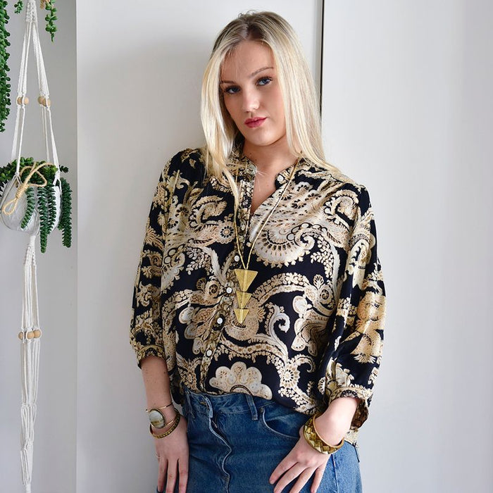 Black & Gold Baroque Floral Print Button Down Shirt