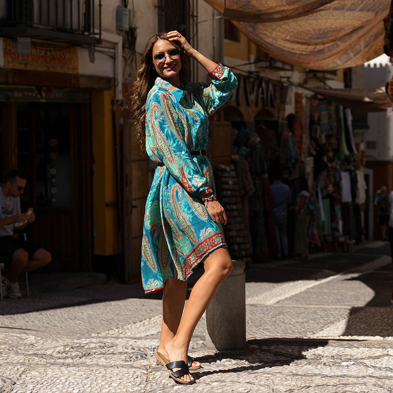 'Ella' Buttoned Turquoise & Pink Paisley Shirt Dress