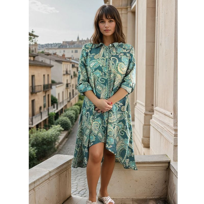 'Hope' Buttoned Sage & Pine Green Paisley Print Shirt Dress