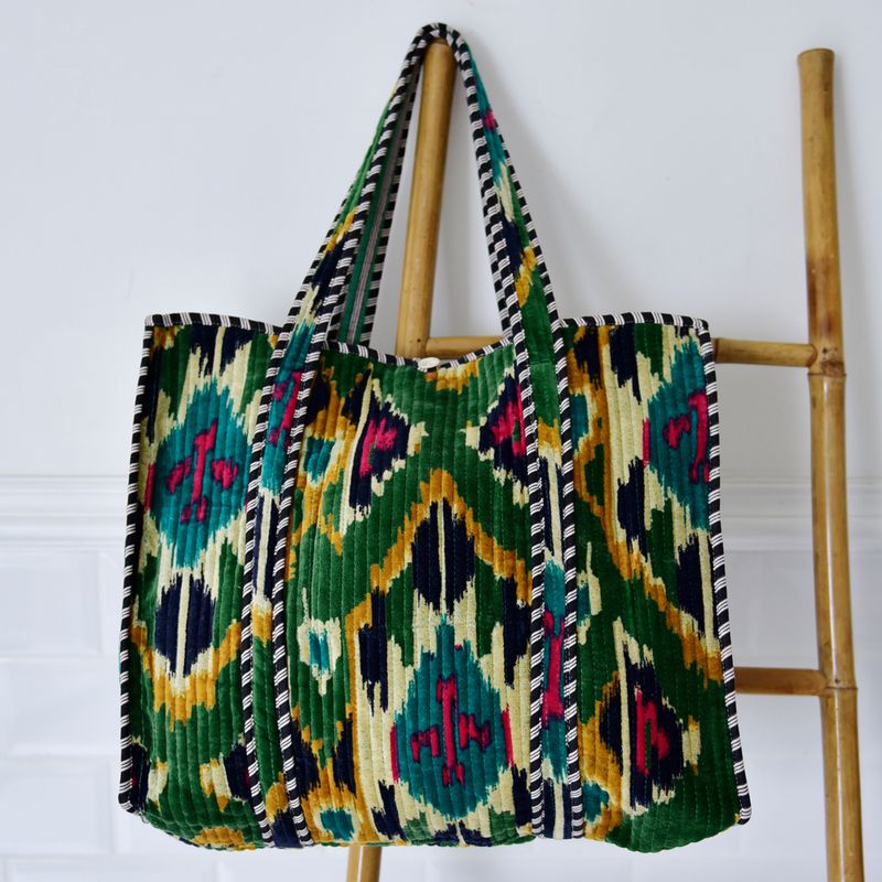 Green Velvet Ikat Quilted Shopper Bag