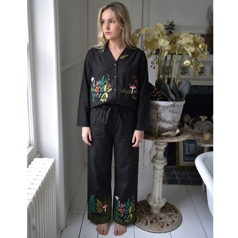 Midnight Black Embroidered Woodland Cotton Pyjamas