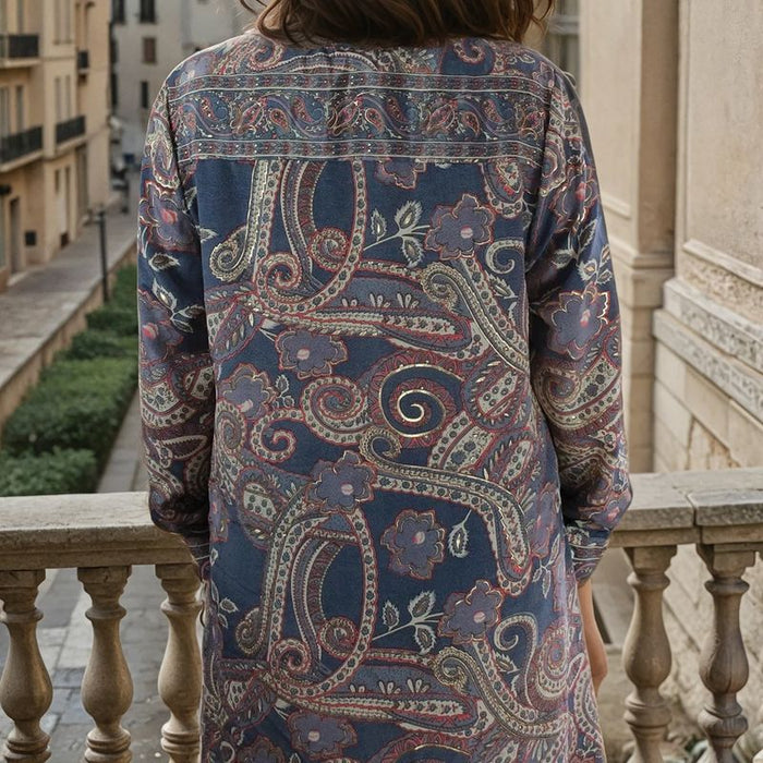 'Flora' Buttoned Blue Grey, Coral & Cream Paisley Print Shirt Dress