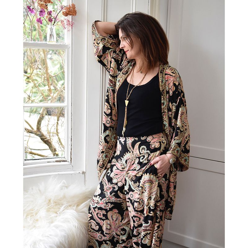 Black, Rose & Gold Floral Baroque Viscose Long Summer Jacket