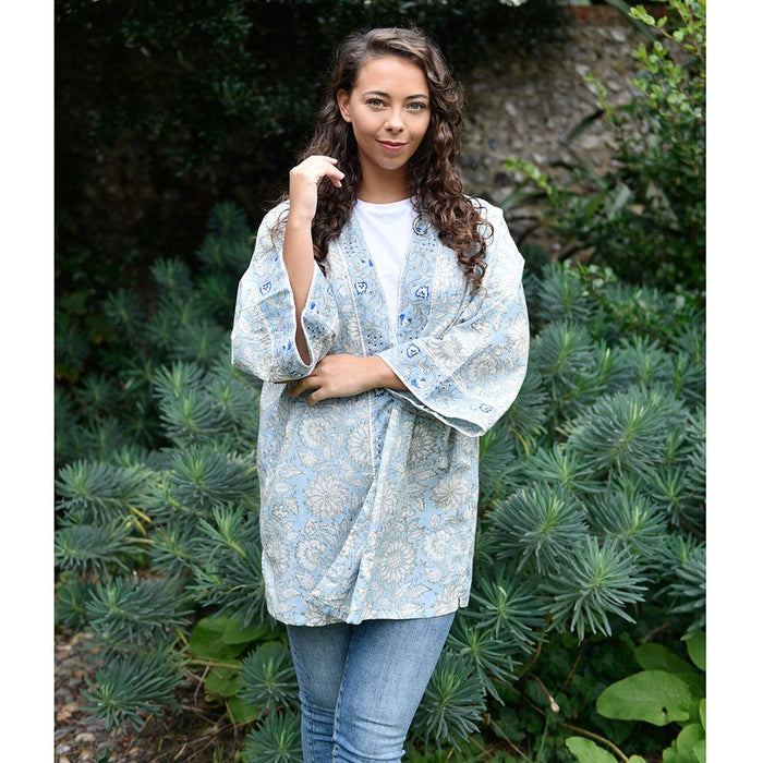 Block Printed Blue Cornflower Cotton Summer Jacket