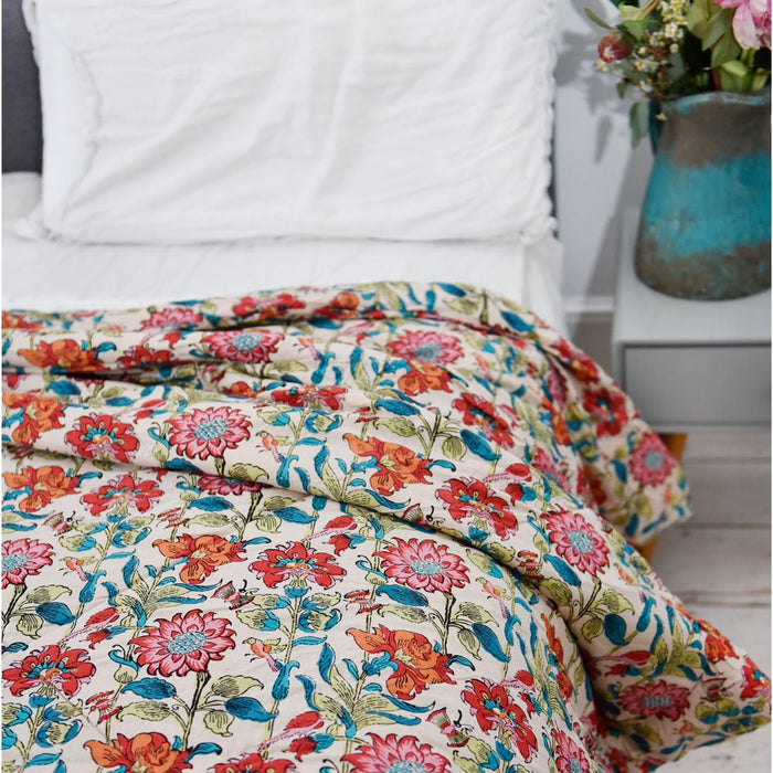 Floral Garden Print Cotton Indian Bed Quilt