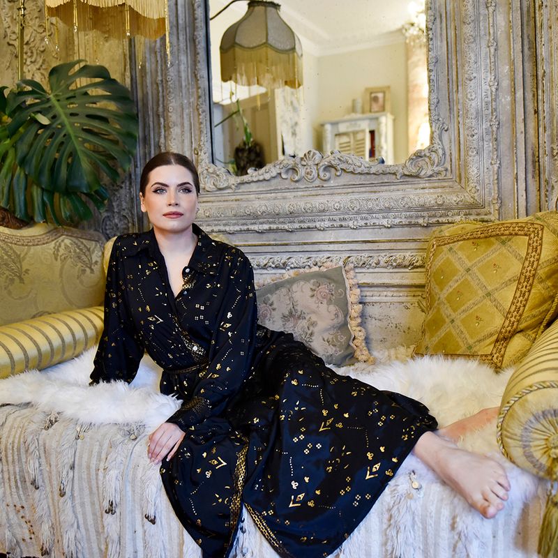 'Ember' Black & Gold Small Geo Print Long Tiered Dress