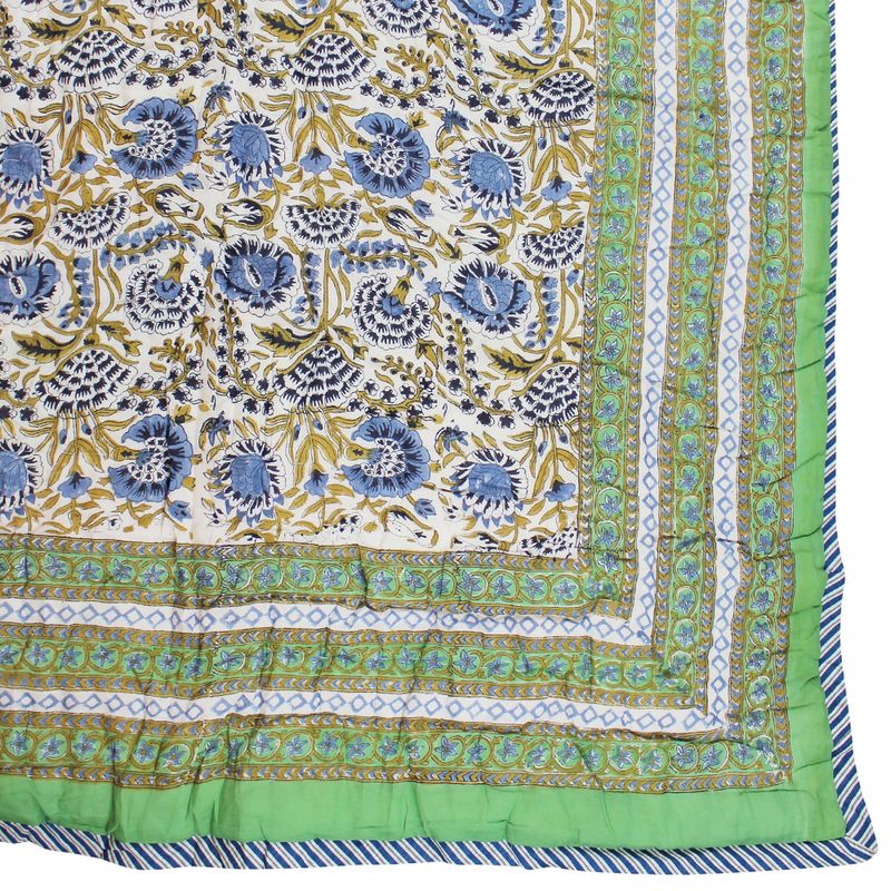 Green & Blue Floral Indian Block Printed Cotton Bed Quilt
