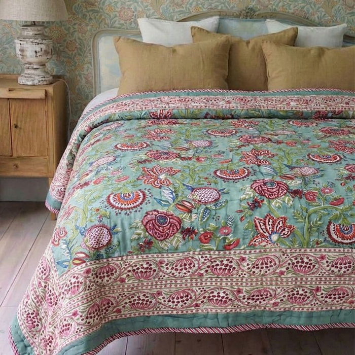 Turquoise, Pink & Burgundy Floral Indian Block Printed Cotton Bed Quilt