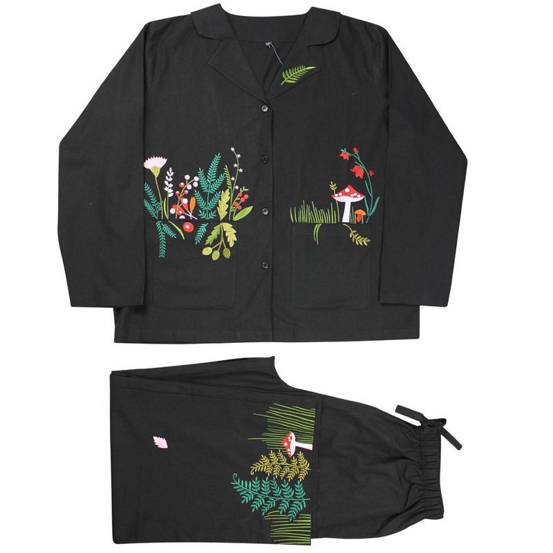 Midnight Black Embroidered Woodland Cotton Pyjamas