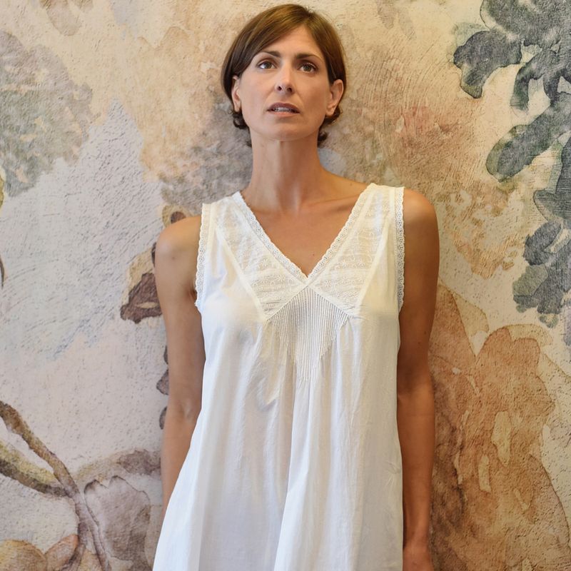 Ladies Sleeveless Embroidered Nightdress with Dainty Pin Tucking 'Jane'