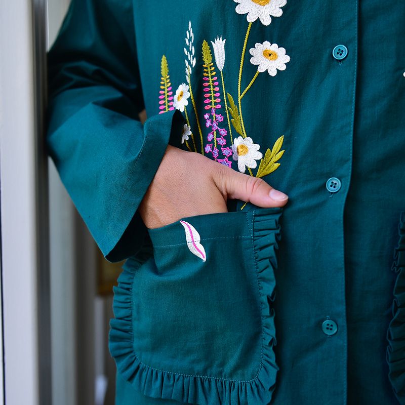 Forest Green Embroidered Floral Cotton Pyjamas
