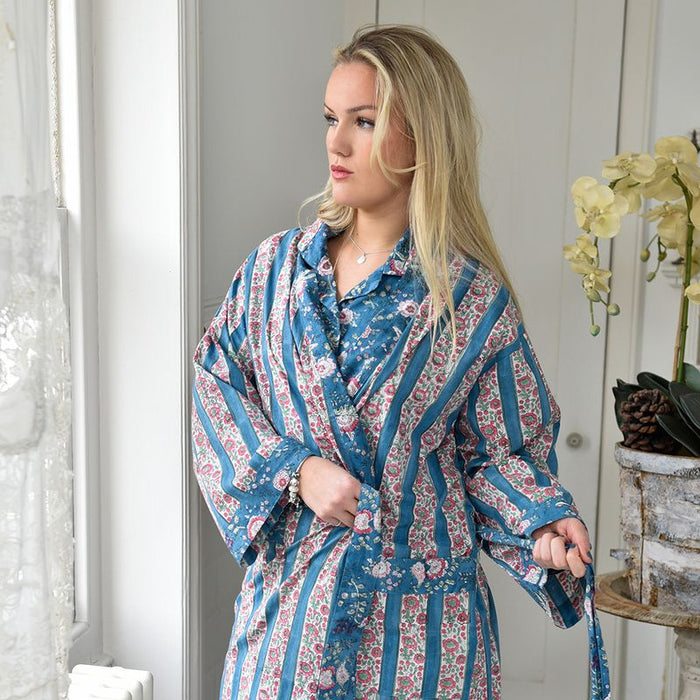 Block Printed Blue & Pink Floral Stripe Cotton Dressing Gown