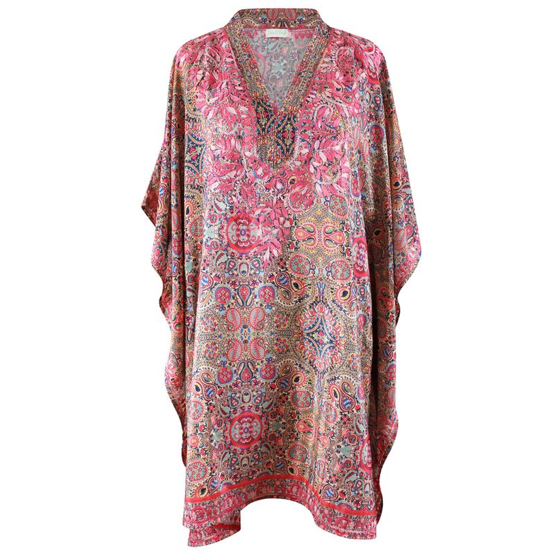 Bohemian Paisley Viscose Kaftan In Pink with Heavy Pink Ombre Fishbone Embroidery