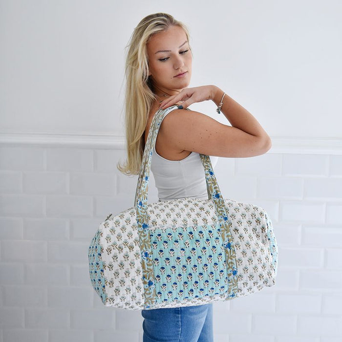 Block Printed Aqua, White & Green Floral Quilted Duffle Bag