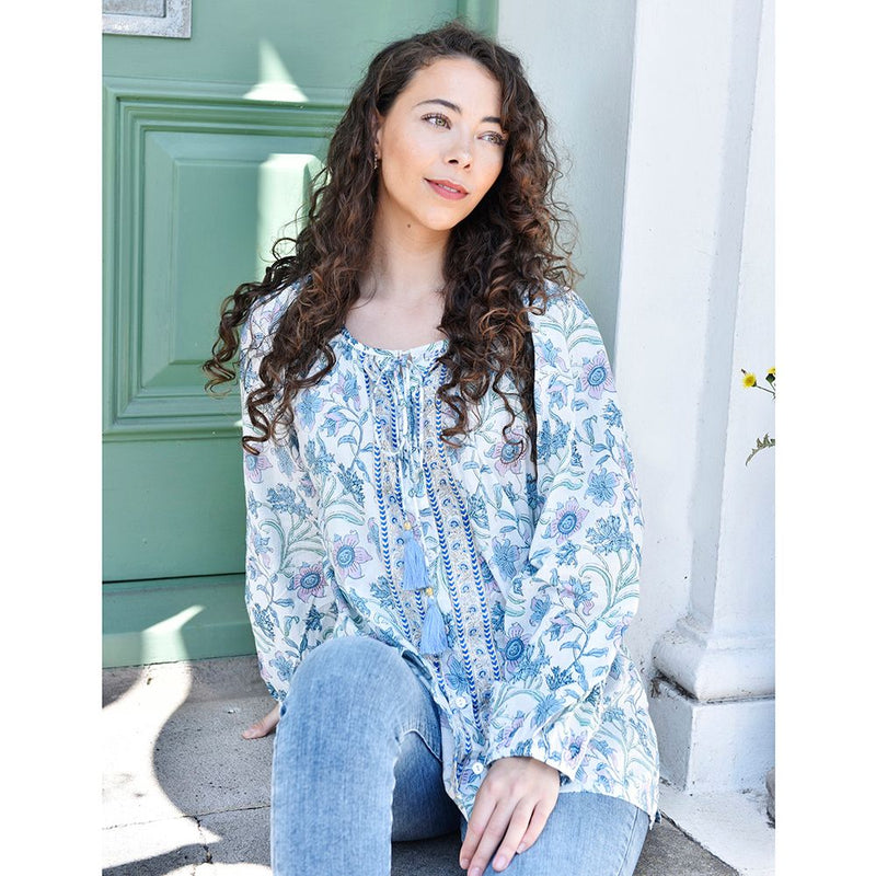 Block Printed Lilac Floral Cotton Blouse 'Cassidy'