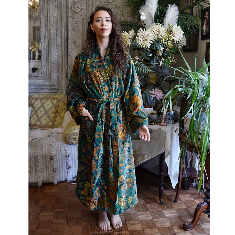 Velvet Green Exotic Bouquet Dressing Gown