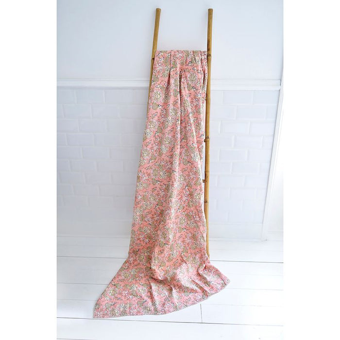 Block Printed Peach Floral Kantha Throw