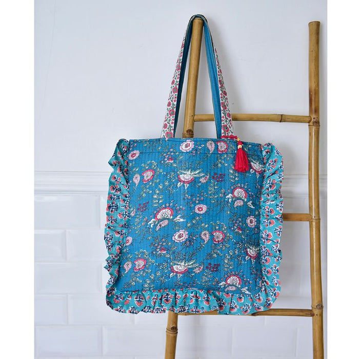 Block Printed Blue & Pink Floral Quilted Ruffle Tote Bag