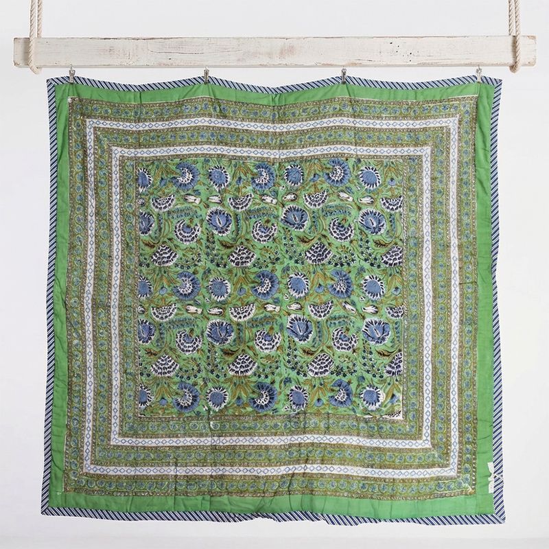 Green & Blue Floral Indian Block Printed Cotton Bed Quilt