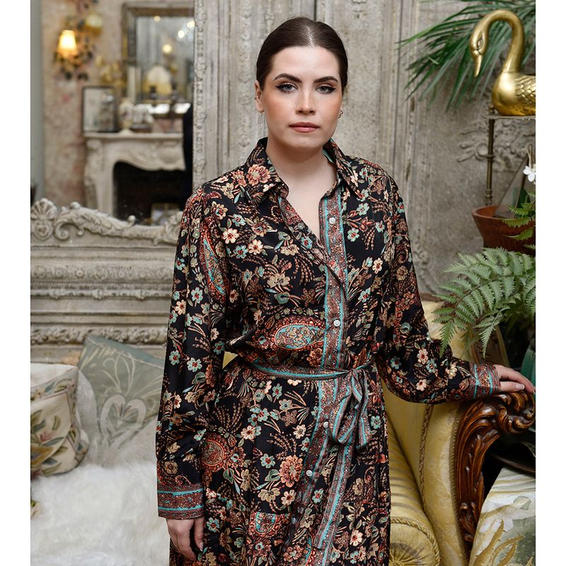 'Amara' Black, Blue & Red Floral Paisley Print Long Tiered Dress