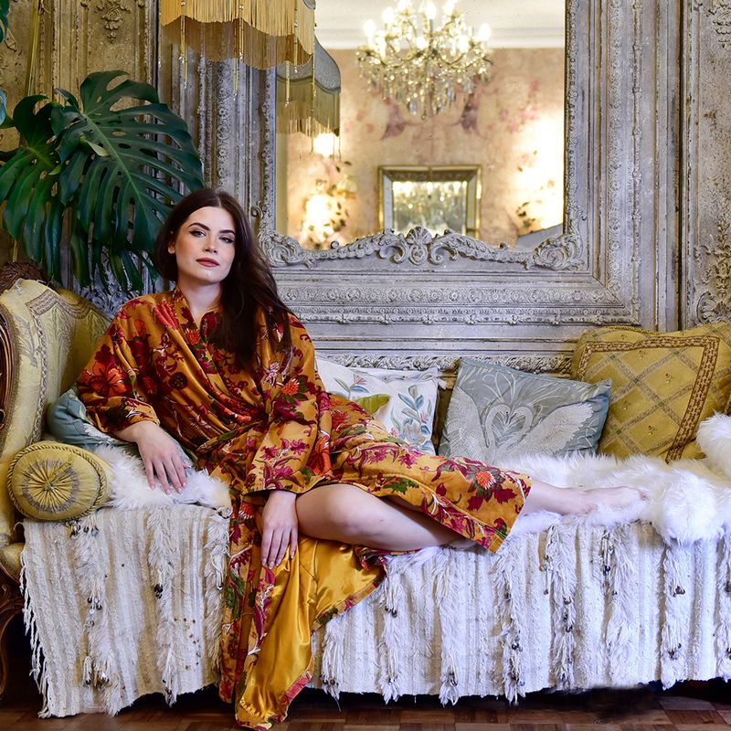 Velvet Mustard Exotic Bouquet Dressing Gown