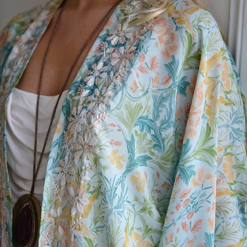 Spring Floral Viscose Kaftan Jacket with Heavy Cream Fishbone Embroidery