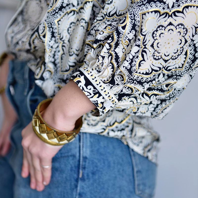 Black, White & Gold Arabesque Print Button Down Shirt