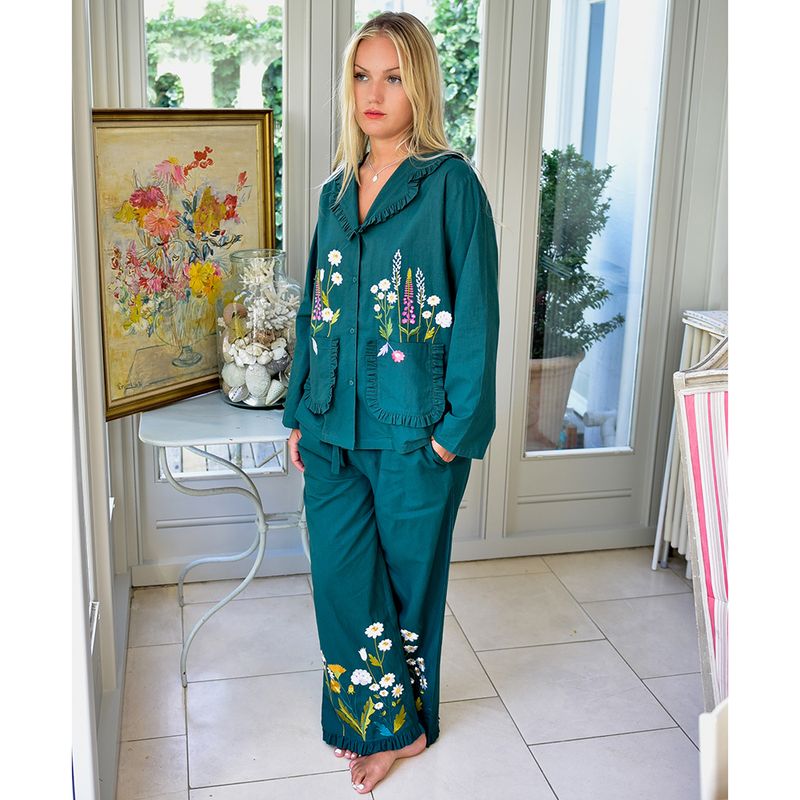 Forest Green Embroidered Floral Cotton Pyjamas
