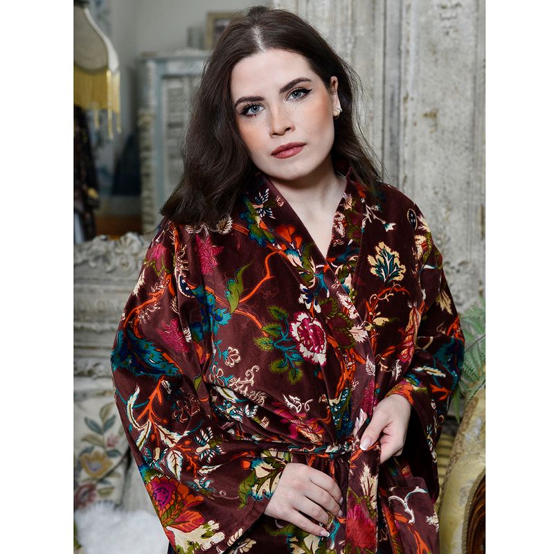 Velvet Burgundy Exotic Bouquet Dressing Gown