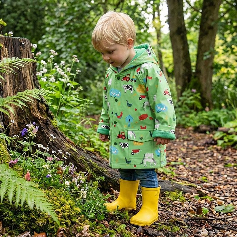 Children's Green Farmyard Hooded Raincoat